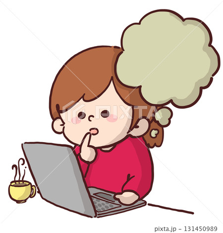 パソコンを見ながら考え込んでいる女の人のイラスト パソコンを見ながら考え込んでいる女の人のイラスト 131450989