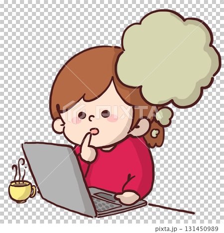 パソコンを見ながら考え込んでいる女の人のイラスト パソコンを見ながら考え込んでいる女の人のイラスト 131450989