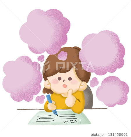 物書き、宿題、勉強をしながら考え込んでいる女の人のイラストイラスト 物書き、宿題、勉強をしながら考え込んでいる女の人のイラストイラスト 131450991