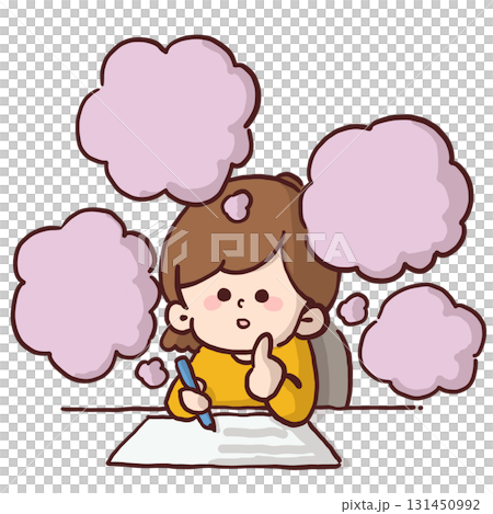 一位女士在寫作、做作業或學習時陷入沉思的插圖 131450992