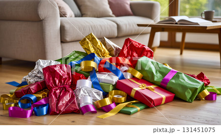 A mountain of colorful gifts on the living room floor. Celebrating a birthday or Christmas. A mountain of colorful gifts on the living room floor. Celebrating a birthday or Christmas. 131451075