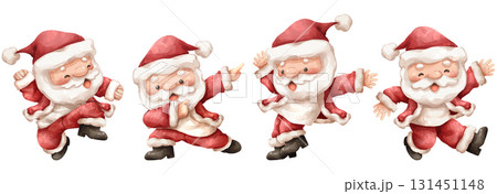 Watercolor illustration set of joyful santa claus is breakdancing and hiphop dancing in christmas festive . Cartoon characters on isolated white background . Watercolor illustration set of joyful santa claus is breakdancing and hiphop dancing in christmas festive . Cartoon characters on isolated white background . 131451148