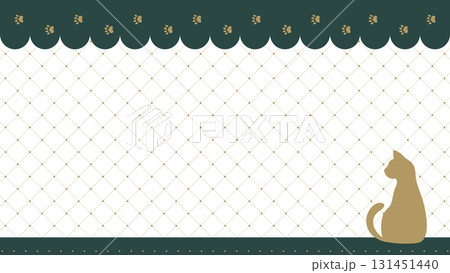 格子柄の背景に猫（動物）と足跡が彩るキュートな背景イラスト 131451440