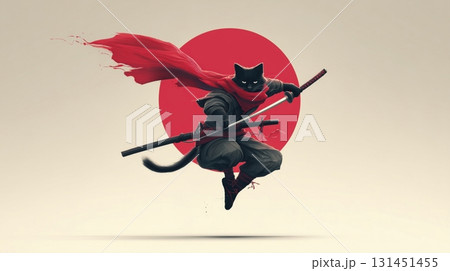 Jumping Ninja Cat with Red Sun Backdrop 131451455