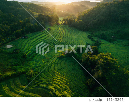 Drone aerial view of rice terrace field In Chiang Mai,Sustainable agriculture and nature Drone aerial view of rice terrace field In Chiang Mai,Sustainable agriculture and nature 131452454