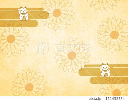 ゴールドバックに花とまねき猫の背景素材イラスト！のイラスト素材
