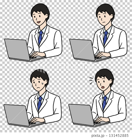 Young man in a white coat working on a PC facial expression set Young man in a white coat working on a PC facial expression set 131452885