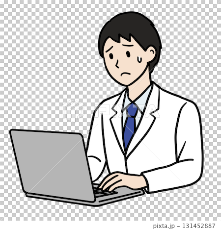 PC作業する白衣の若い男性(困る) PC作業する白衣の若い男性(困る) 131452887