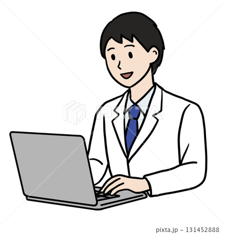 PC作業する白衣の若い男性(笑顔) PC作業する白衣の若い男性(笑顔) 131452888