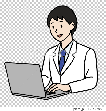 A young man in a white coat working on a PC (smiling) 131452888