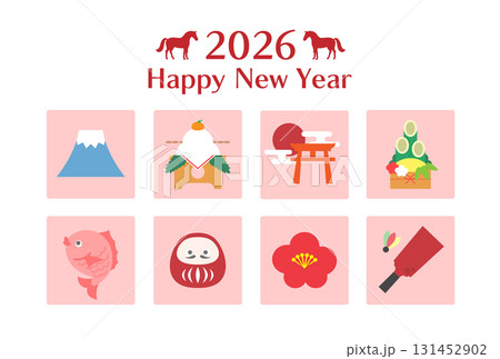 2026年午年の年賀状、縁起物アイコン、ピンク 2026年午年の年賀状、縁起物アイコン、ピンク 131452902