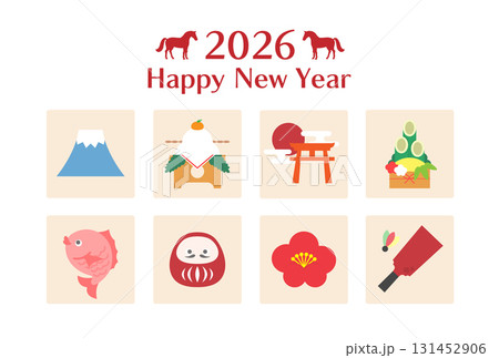 2026年午年の年賀状、縁起物アイコン、ベージュ 131452906