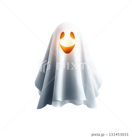 Cute Smiling Ghost Clipart Centered High Contrast Bold Outlines transparent Background Diffuse Studio Lighting Halloween Theme 131453031