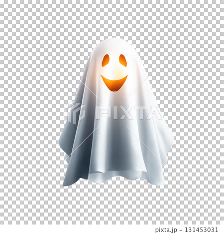 Cute Smiling Ghost Clipart Centered High Contrast Bold Outlines transparent Background Diffuse Studio Lighting Halloween Theme 131453031