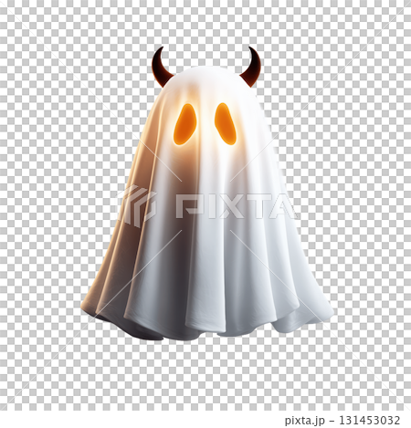 Halloween Ghost with Devil Horns Centered High Contrast Subtle Outlines transparent Background Bright Diffuse Lighting Detailed 131453032