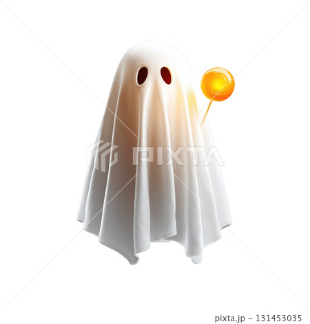 Centered Halloween Ghost Clipart with Lollipop High Contrast transparent Background Bright Diffuse Studio Lighting Intricate Detail 131453035