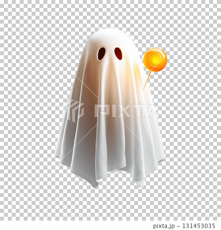 Centered Halloween Ghost Clipart with Lollipop High Contrast transparent Background Bright Diffuse Studio Lighting Intricate Detail 131453035