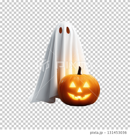 Halloween Ghost with Pumpkin Clipart Centered High Contrast transparent Background Intricate Details Volumetric Light 131453036
