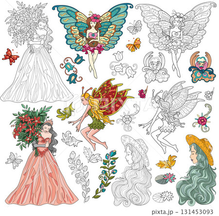 Fantasy design set with beautiful fairy Elf princess and floral elements. line art illustrations for clipart, stickers, coloring book isolated on white background. Fantasy design set with beautiful fairy Elf princess and floral elements. line art illustrations for clipart, stickers, coloring book isolated on white background. 131453093