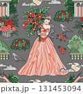 Colorful seamless pattern with princess holding bunch of flowers and fantasy elements for fabric, wallpaper, scrapbooking. Cartoon vector illustration Colorful seamless pattern with princess holding bunch of flowers and fantasy elements for fabric, wallpaper, scrapbooking. Cartoon vector illustration 131453094