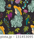 Colorful seamless pattern with girl wearing straw hat, grape berries and fantasy elements for fabric, wallpaper, scrapbooking. Cartoon vector illustration Colorful seamless pattern with girl wearing straw hat, grape berries and fantasy elements for fabric, wallpaper, scrapbooking. Cartoon vector illustration 131453095