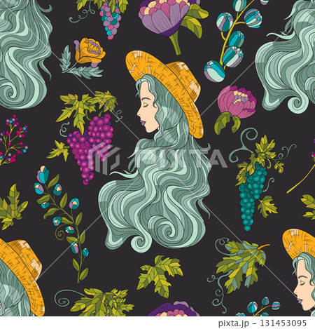Colorful seamless pattern with girl wearing straw hat, grape berries and fantasy elements for fabric, wallpaper, scrapbooking. Cartoon vector illustration 131453095