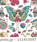 Colorful seamless pattern with fairy girl and fantasy elements on white background for fabric, wallpaper, scrapbooking. Cartoon vector illustration Colorful seamless pattern with fairy girl and fantasy elements on white background for fabric, wallpaper, scrapbooking. Cartoon vector illustration 131453097