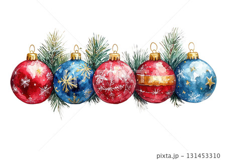 Colorful watercolor illustration of Christmas ornaments hanging on pine branches for festive decoration. Isolated on transparent background. PNG, cutout Colorful watercolor illustration of Christmas ornaments hanging on pine branches for festive decoration. Isolated on transparent background. PNG, cutout 131453310