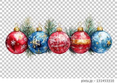 Colorful watercolor illustration of Christmas ornaments hanging on pine branches for festive decoration. Isolated on transparent background. PNG, cutout Colorful watercolor illustration of Christmas ornaments hanging on pine branches for festive decoration. Isolated on transparent background. PNG, cutout 131453310