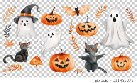 Whimsical Halloween illustration featuring ghosts, pumpkins, bats, and playful black cats in vibrant orange and gray tones. Isolated on transparent background. PNG, cutout 131453375