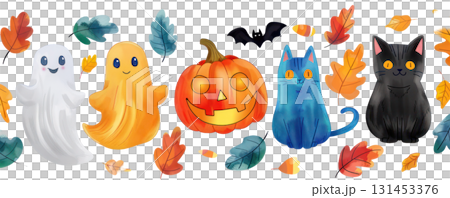 Colorful Halloween illustration featuring playful ghosts, a pumpkin, a black cat, and a blue cat with autumn leaves. Isolated on transparent background. PNG, cutout 131453376