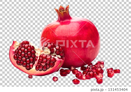Vibrant red pomegranate fruit with sliced section revealing juicy seeds and scattered arils. Isolated on transparent background. PNG, cutout 131453404