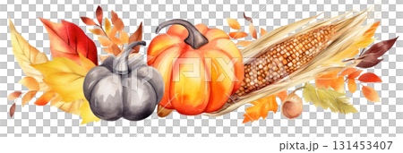 Watercolor illustration of pumpkins, corn, and autumn leaves creating a vibrant seasonal harvest display. Isolated on transparent background. PNG, cutout 131453407