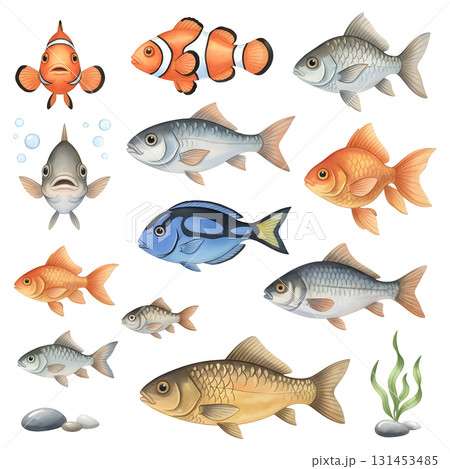 Set of fish characters. Watercolour illustration design. 131453485