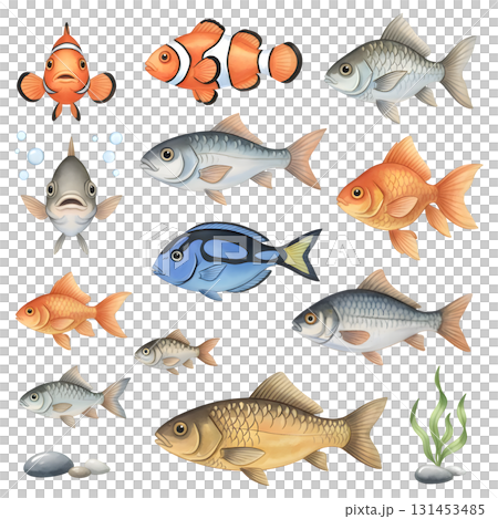 Set of fish characters. Watercolour illustration design. 131453485