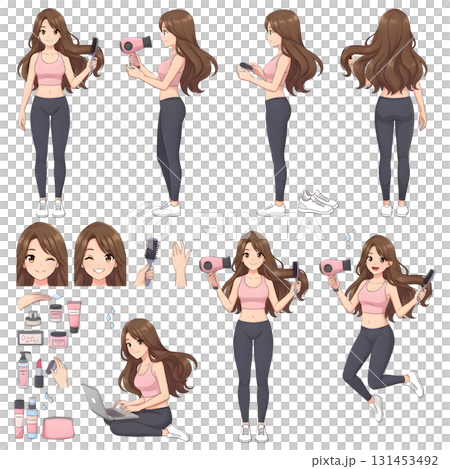 Girl drying her long hair with blow dryer, use cosmetics and other care products. Beauty and haircare concept. Illustration design. Girl drying her long hair with blow dryer, use cosmetics and other care products. Beauty and haircare concept. Illustration design. 131453492