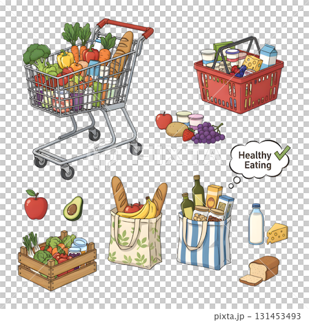 Grocery products in supermarket basket. Vegetables, oil, pasta and other grocery processed and fresh food. Healthy eating concept. illustration design 131453493