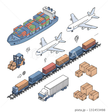 Transportation vehicles, cargo ship, aircraft, goods truck, freight train. Global logistic, cargo transport, import, export concept. Flat isometric illustration design. Transportation vehicles, cargo ship, aircraft, goods truck, freight train. Global logistic, cargo transport, import, export concept. Flat isometric illustration design. 131453498
