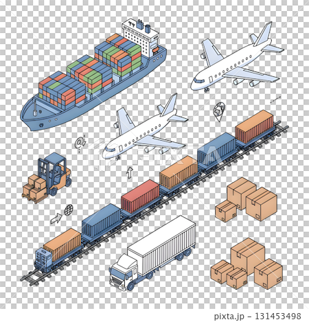 Transportation vehicles, cargo ship, aircraft, goods truck, freight train. Global logistic, cargo transport, import, export concept. Flat isometric illustration design. 131453498