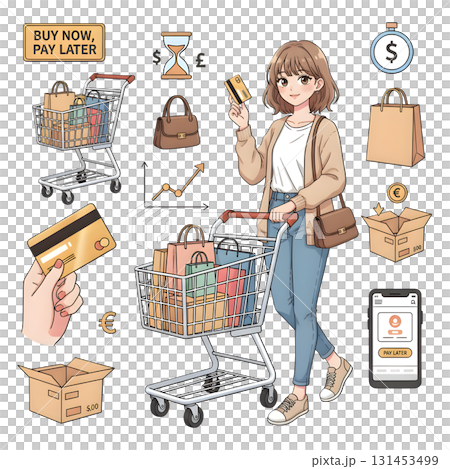 Young woman with shopping bag holds credit card and shopping cart. Buy now pay later, finance, payment concept. illustration design. Young woman with shopping bag holds credit card and shopping cart. Buy now pay later, finance, payment concept. illustration design. 131453499