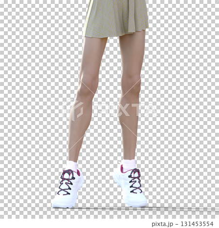 スニーカーを履いたミニスカートの女性の脚 131453554