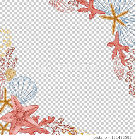 Square edging frame of sandy starfish and red coral in watercolor style. Hand drawn outline art with in colored pencil sketch. Great for summer card template. Perfect for nautical coastal print. Square edging frame of sandy starfish and red coral in watercolor style. Hand drawn outline art with in colored pencil sketch. Great for summer card template. Perfect for nautical coastal print. 131453593