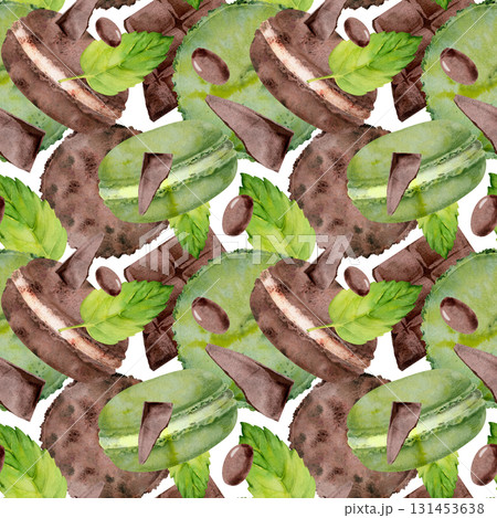 Watercolor illustration of chocolate whoopie pies, macarons with mint leaves and cocoa coated dragee. Isolated tiled designs, dessert packaging, culinary scrapbooks, seamless clipart collections. 131453638