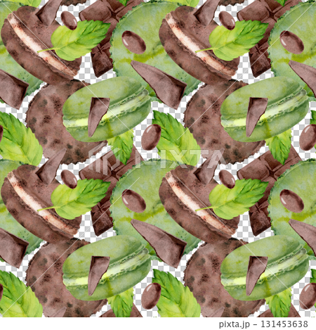 Watercolor illustration of chocolate whoopie pies, macarons with mint leaves and cocoa coated dragee. Isolated tiled designs, dessert packaging, culinary scrapbooks, seamless clipart collections. 131453638