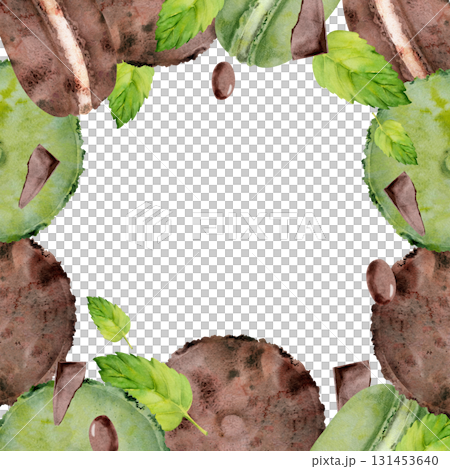 Stack of whoopie pies, macaron buns with fresh mint leaves, chocolate crumbs, dragee candy in watercolor. Hand painted isolated illustration. Bakery frame design, food magazine border, tea house menu. Stack of whoopie pies, macaron buns with fresh mint leaves, chocolate crumbs, dragee candy in watercolor. Hand painted isolated illustration. Bakery frame design, food magazine border, tea house menu. 131453640