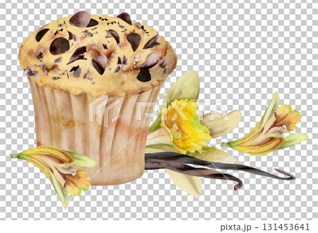 Watercolor chocolate frosted cupcake, muffin in paper wrapping with cocoa chips, vanilla flowers and seed pods. Isolated hand painted illustration. Baking kits, cafe branding packs, culinary blog art Watercolor chocolate frosted cupcake, muffin in paper wrapping with cocoa chips, vanilla flowers and seed pods. Isolated hand painted illustration. Baking kits, cafe branding packs, culinary blog art 131453641