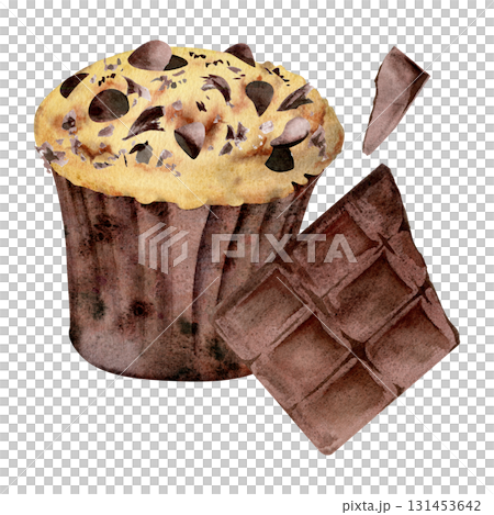 Cupcake in paper wrapper, muffin pastry with chocolate bar pieces and sprinkles topping. Watercolor hand painted isolated dessert illustration. Patisserie branding, party invitations, food layouts. 131453642