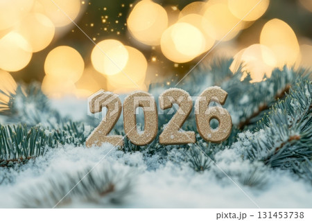 The letters 2026 formed by christmas trees spruce branches and snow. 131453738