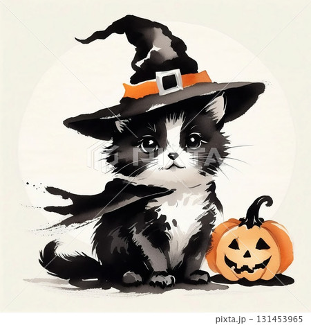 魔女帽子をかぶった白黒猫とジャックオーランタンの水墨画風ハロウィン