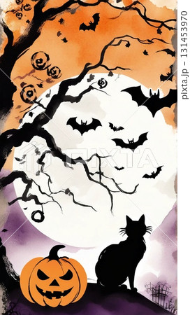 ハロウィンの夜空と黒猫(縦長イラスト) ハロウィンの夜空と黒猫(縦長イラスト) 131453970